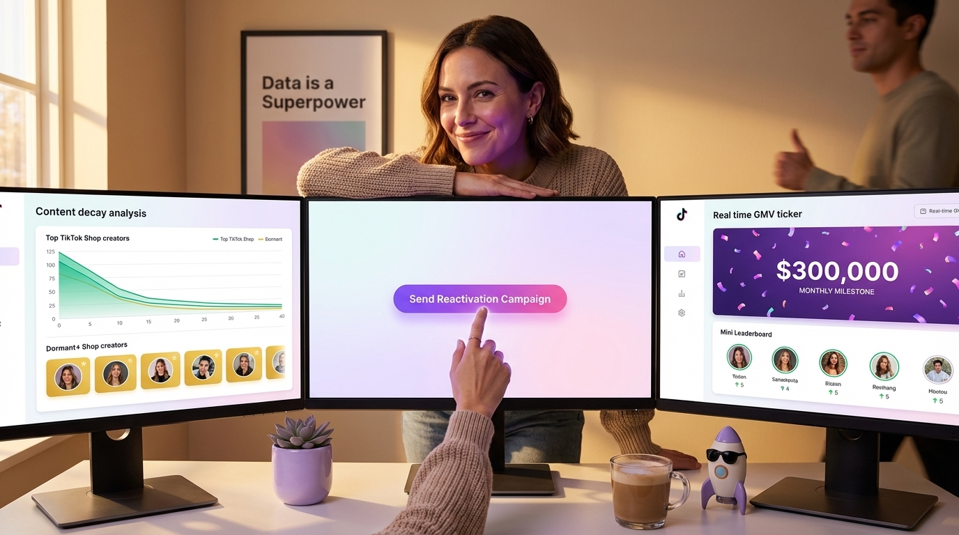Marketing analyst viewing TikTok Shop content decay analysis and automated dormancy alerts with GMV climbing past 300K milestone