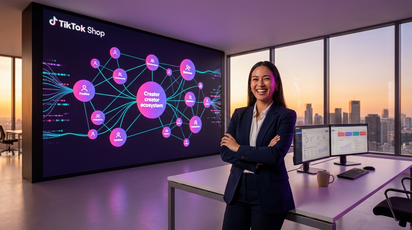 TikTok Shop brand founder standing before creator ecosystem network visualization showing connected revenue outcomes at golden hour