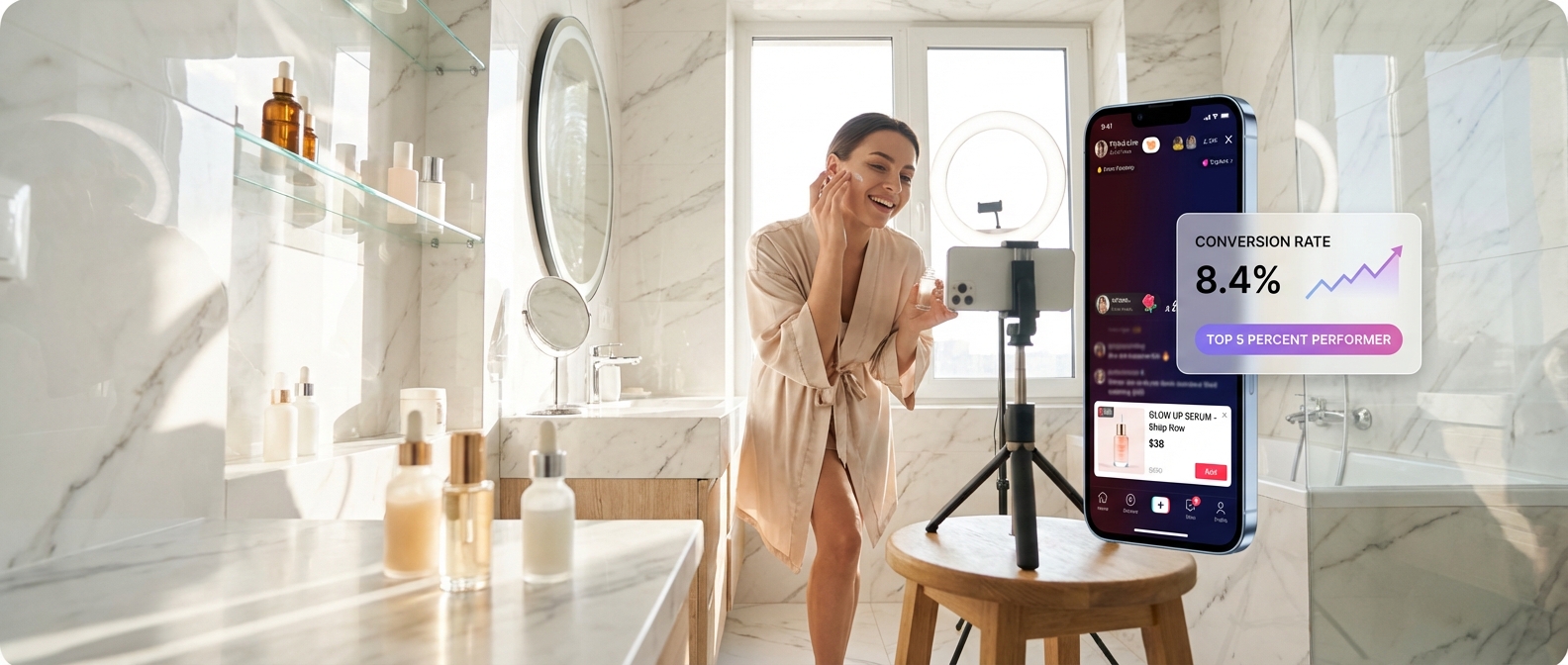 TikTok Shop creator filming product review video with high conversion rate dashboard overlay in aspirational studio setting