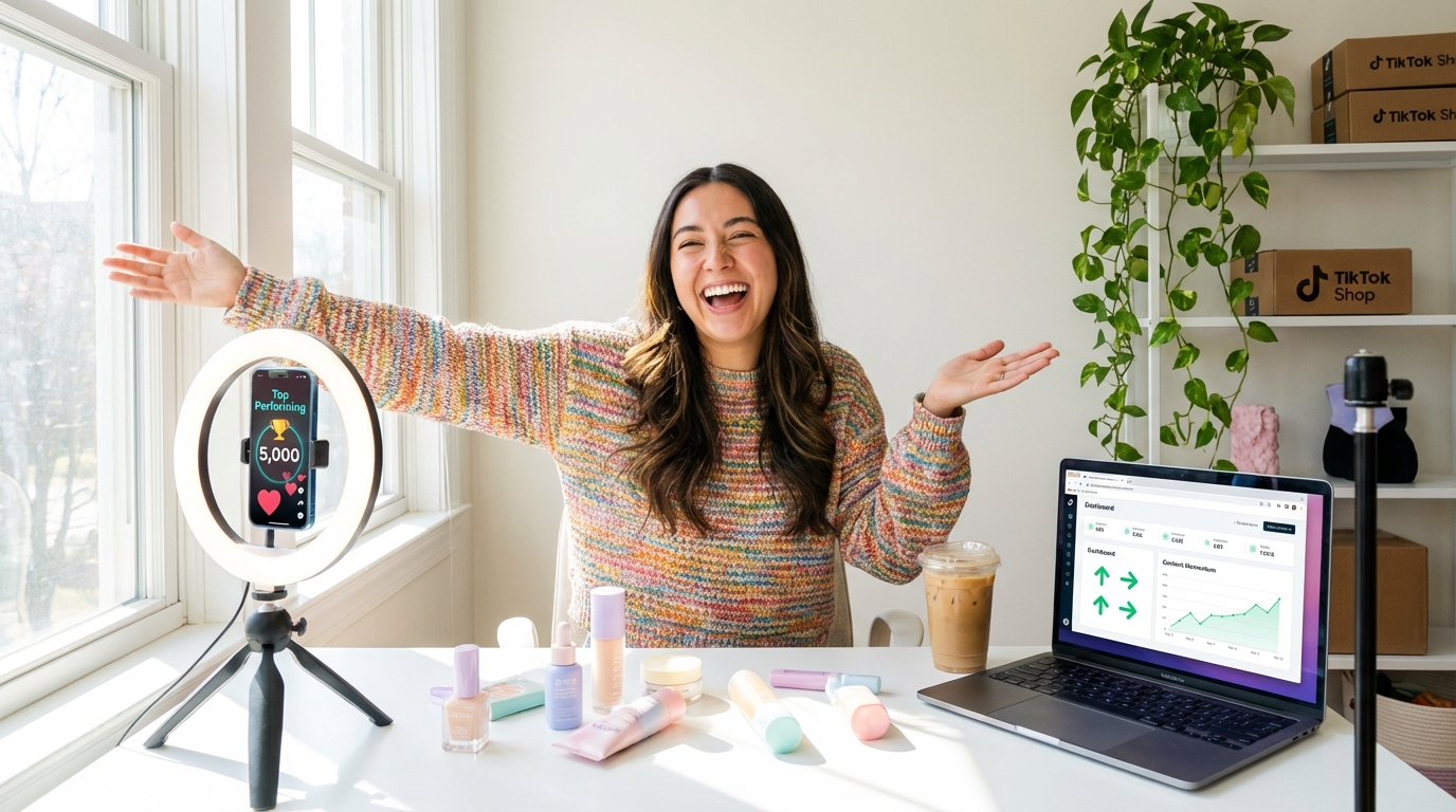TikTok Shop creator studio setup with ring light phone tripod and content performance metrics on laptop screen