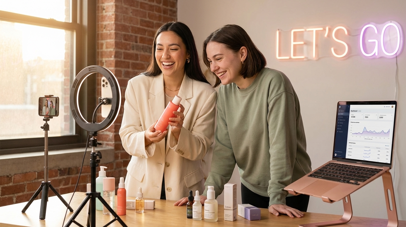 Two TikTok Shop creators collaborating on product comparison video in vibrant studio with top affiliate rankings on laptop