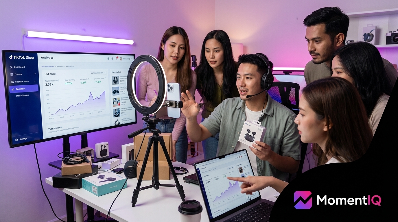 Electronics brand team celebrating TikTok Shop live commerce growth metrics on analytics dashboard with tech products displayed