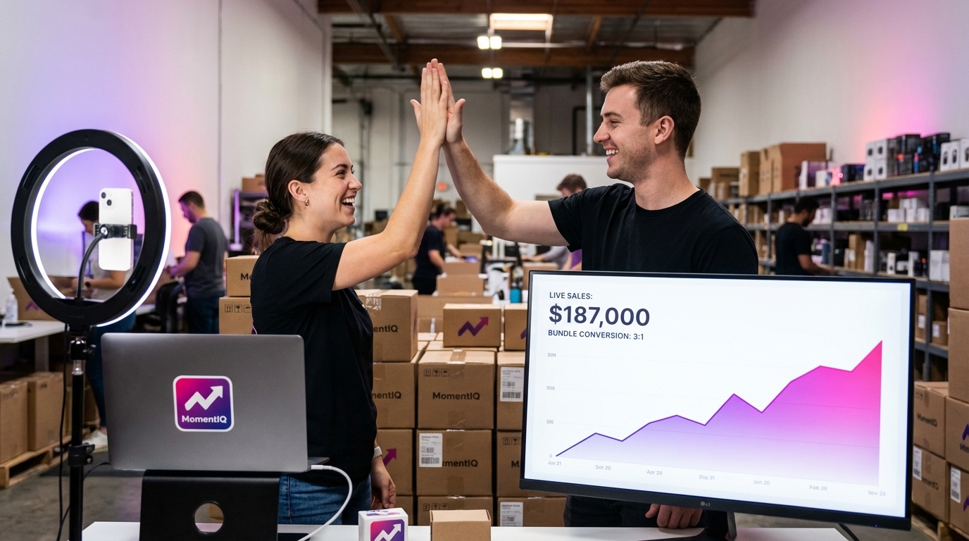 Team celebrating $187K TikTok Shop monthly revenue milestone while packing electronics orders in organized fulfillment space