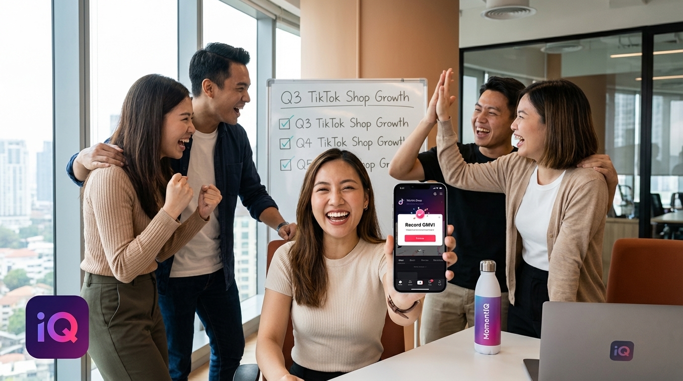Diverse team celebrating record-breaking TikTok Shop GMV in a modern, sunlit office.