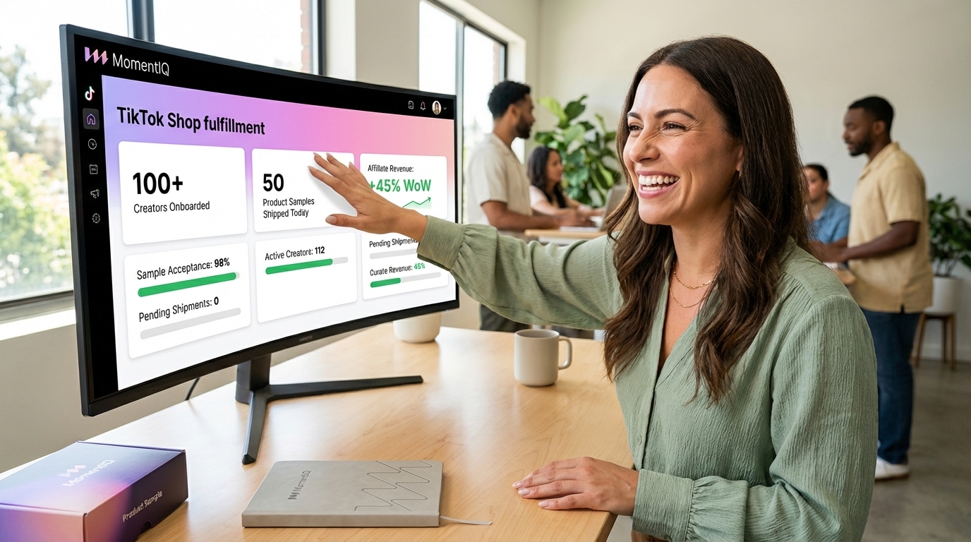 Brand manager confidently viewing a TikTok Shop dashboard showing creator performance metrics and sales data.