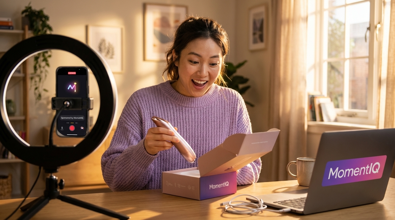 Joyful TikTok creator enthusiastically unboxing a product in her home studio, ready to film a sponsored video.