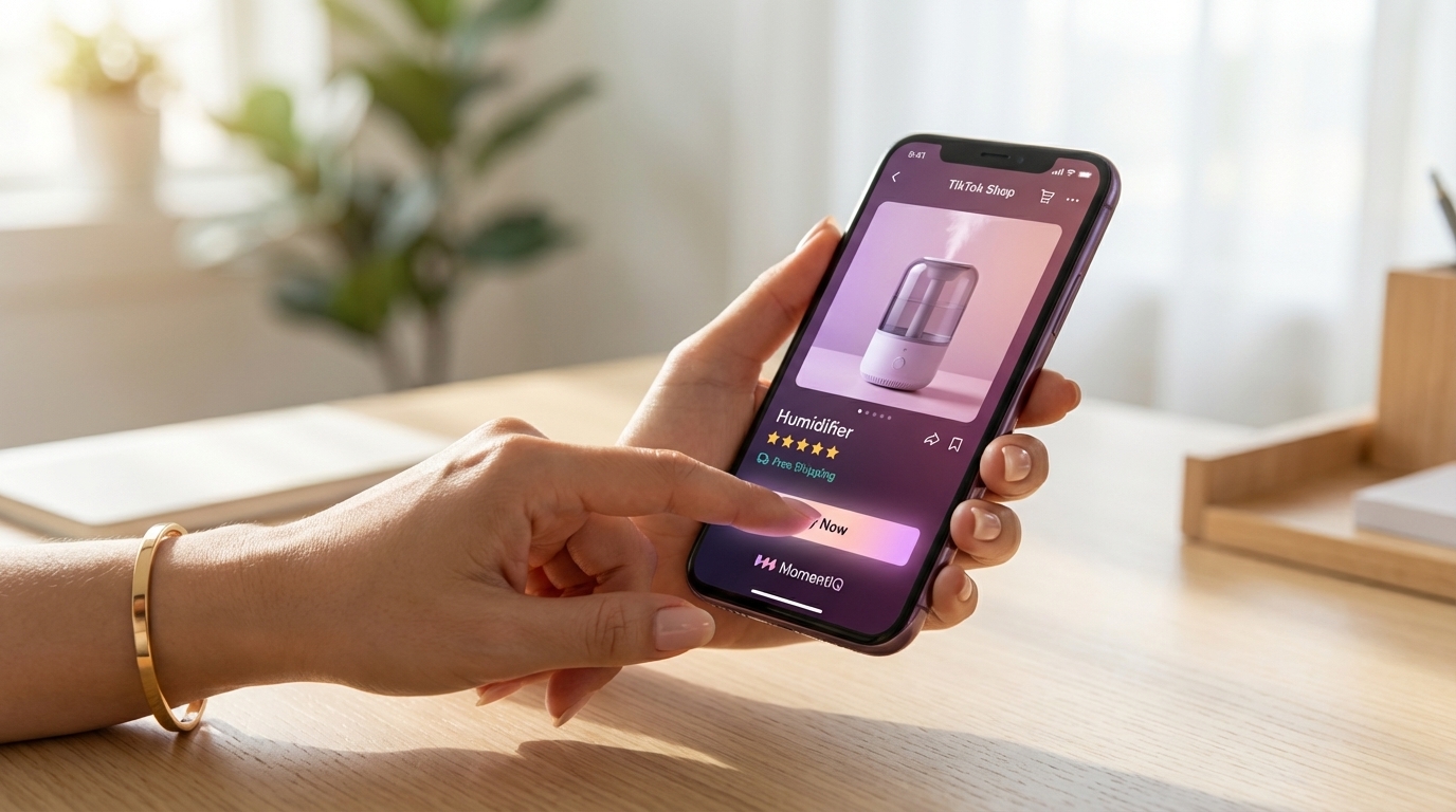 Hand tapping 'Buy Now' on a TikTok Shop product listing with glowing reviews, showcasing frictionless checkout.