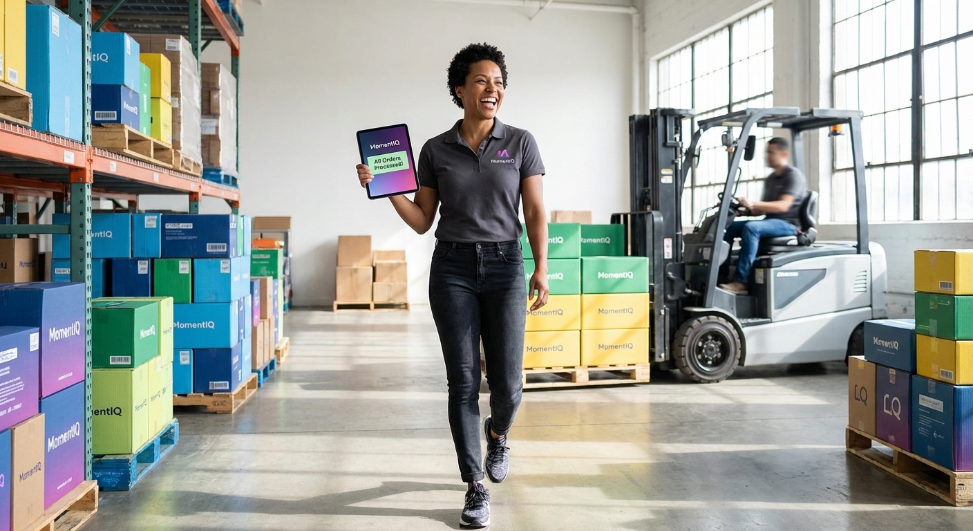 Aspirational shot of a modern fulfillment center with branded shipping boxes and a team leader reviewing TikTok Shop fulfillment dashboard.