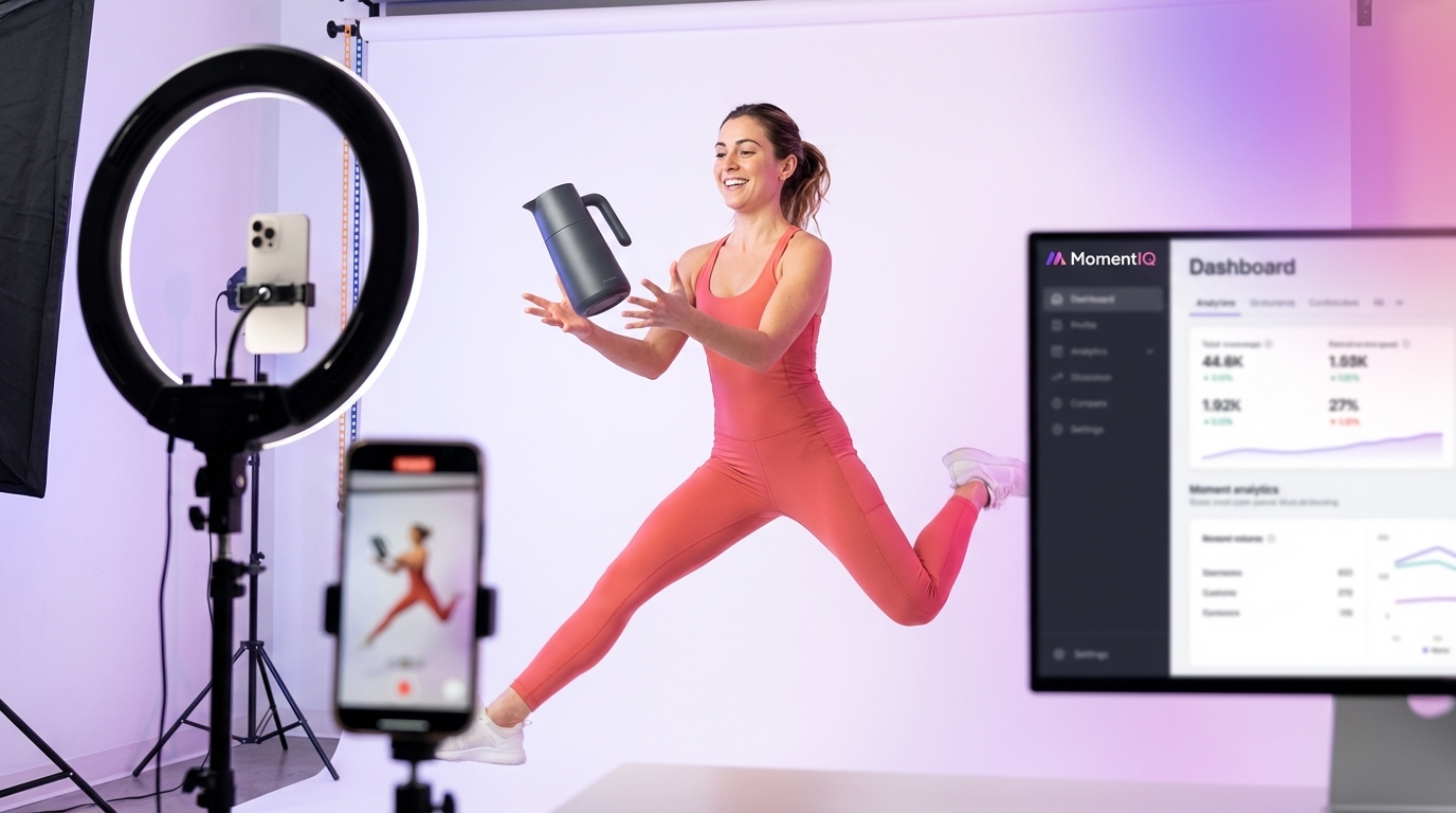 Dynamic shot of a joyful TikTok Shop creator playfully catching a kitchen gadget, embodying energetic content creation.