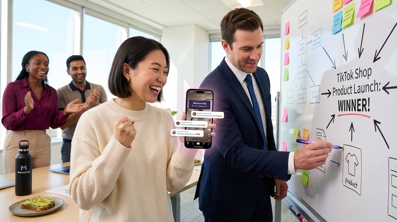 E-commerce team collaborating on a TikTok Shop product launch, celebrating discovery of high-demand product from comments.