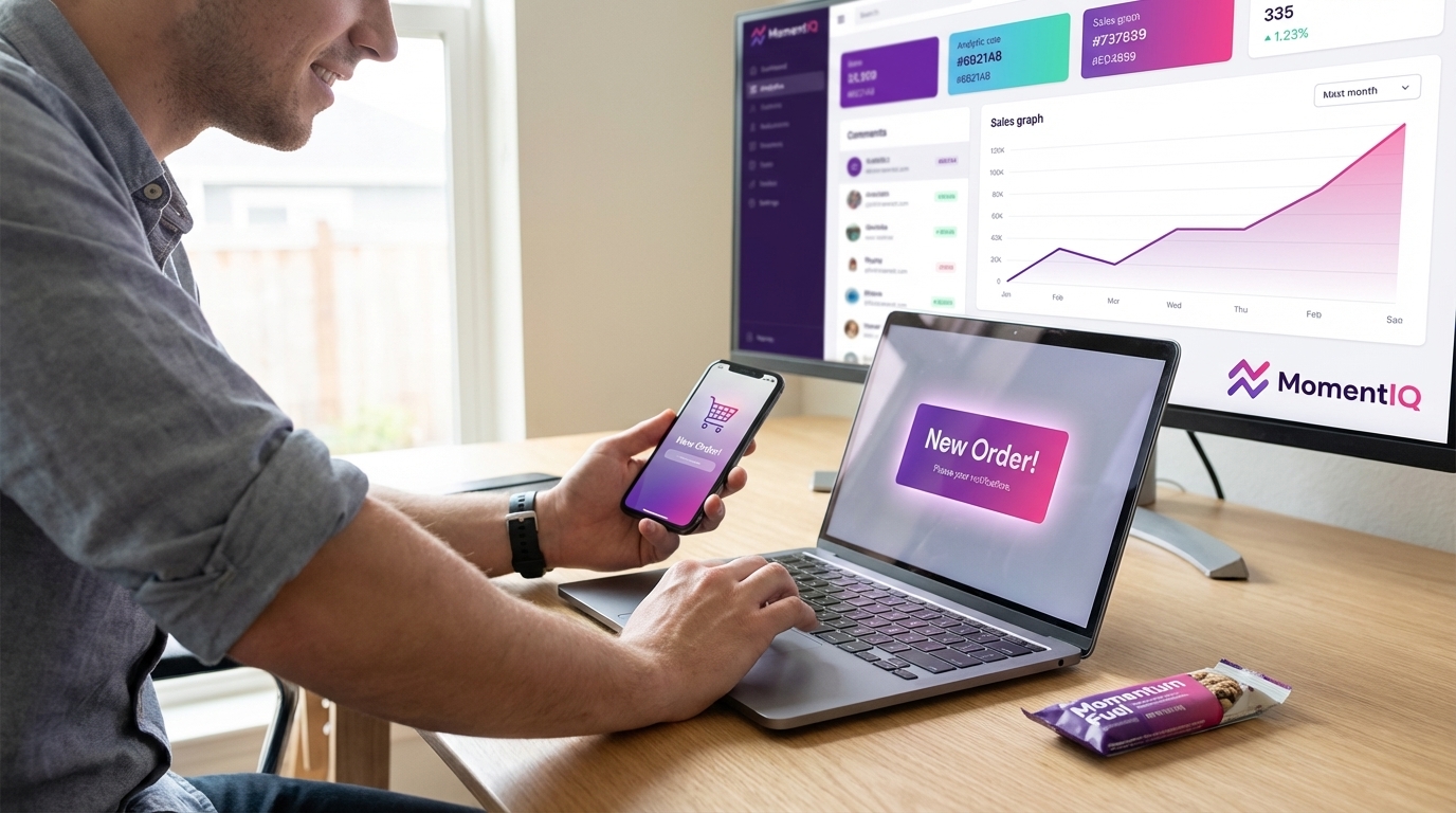Excited professional reacting to a 'New Order!' notification on TikTok Shop seller dashboard with upward sales trend.
