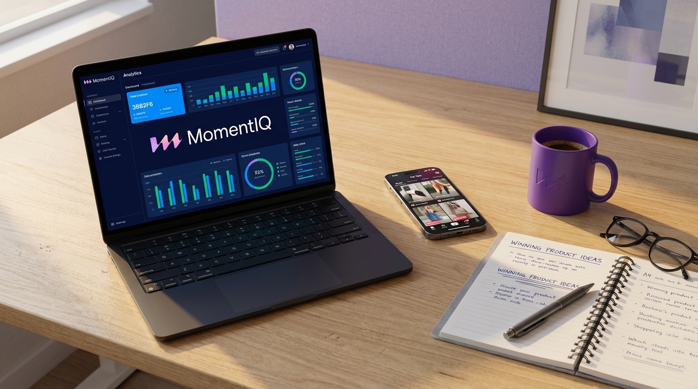 Flat lay of a desk with laptop showing TikTok Shop analytics, smartphone with trending content, and a notebook with winning product ideas.