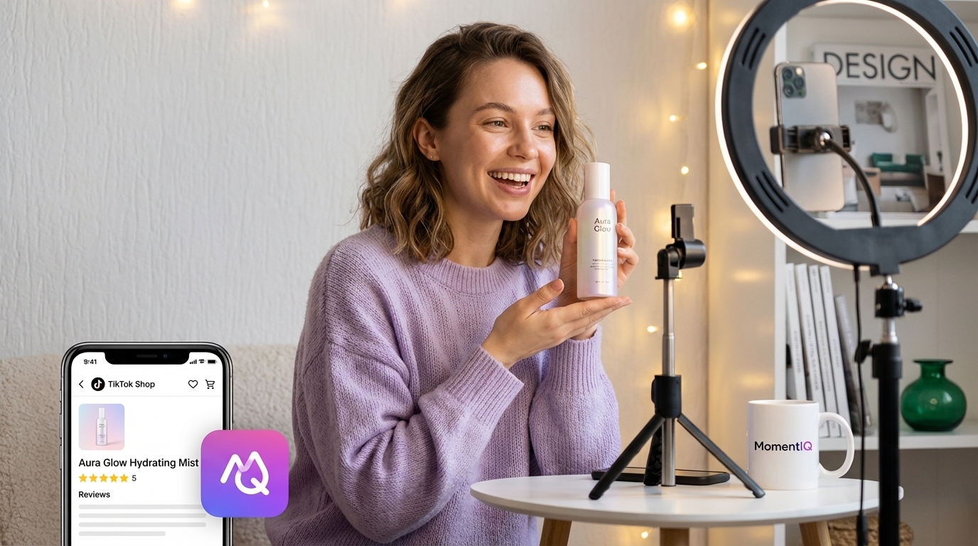 Joyful TikTok Shop creator confidently demonstrating a beauty product in her studio setup with phone showing product reviews.