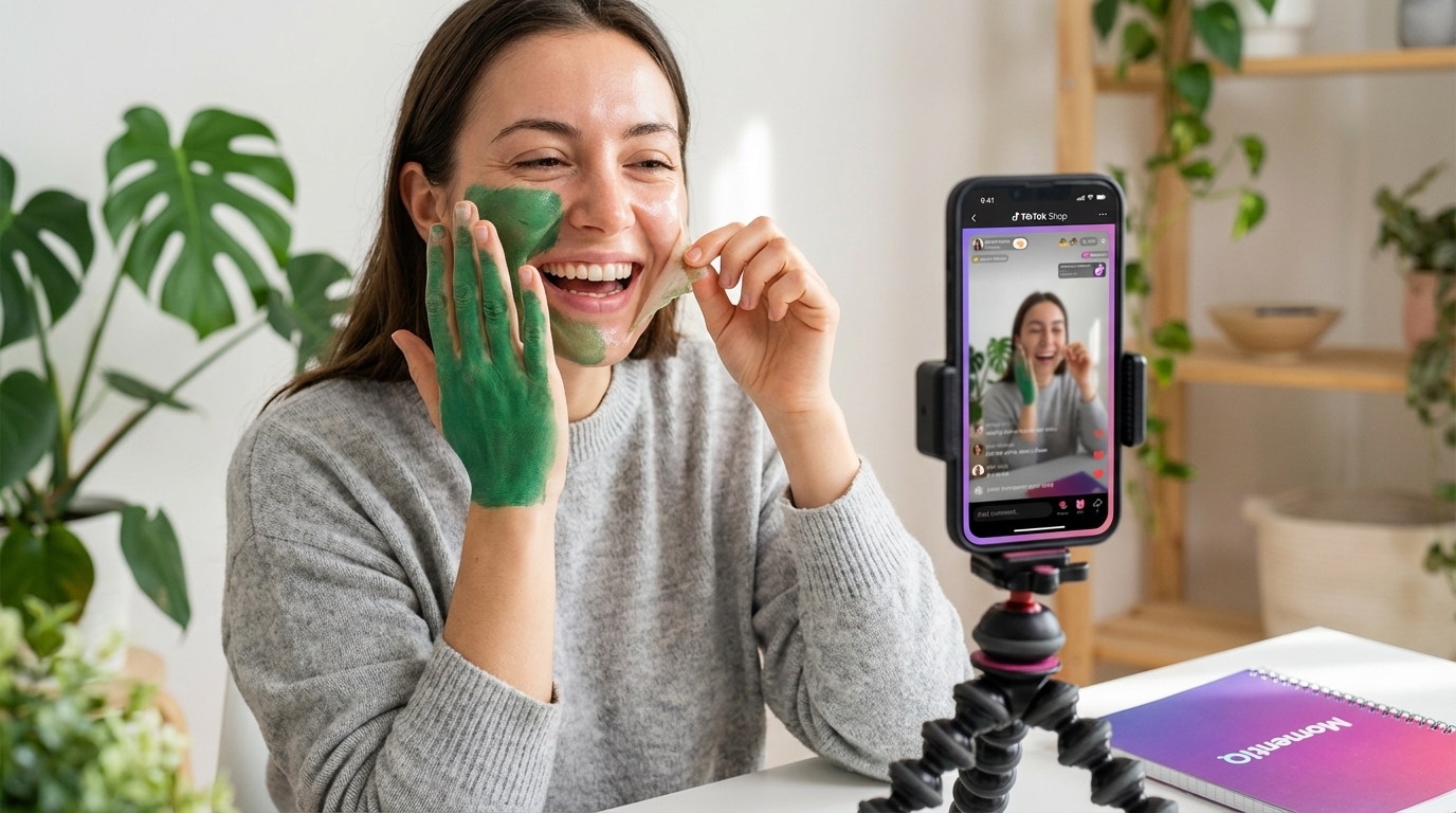 Joyful TikTok Shop creator demonstrating a peel-off face mask with dramatic 'before and after' effect for viral content.