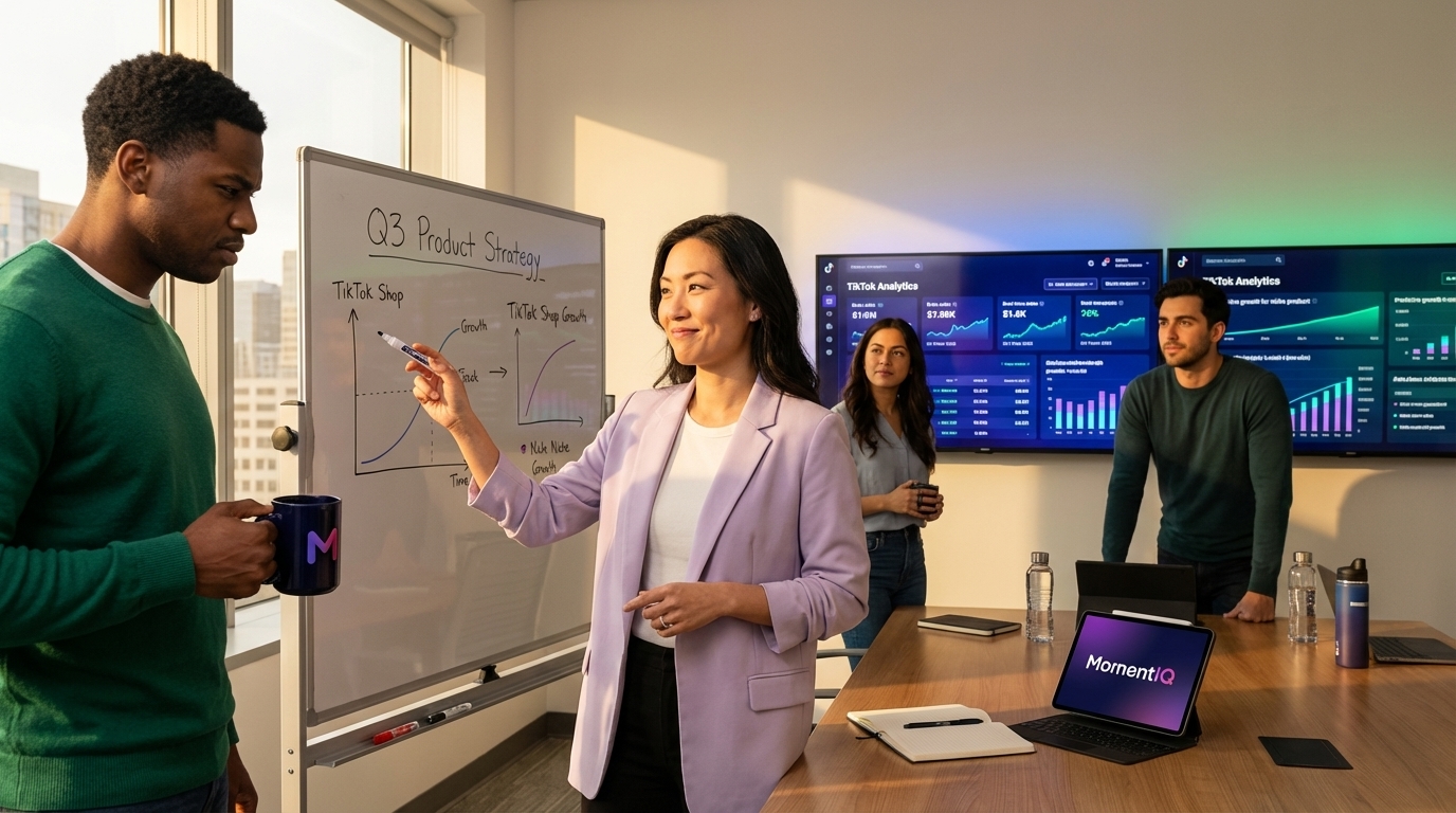 MomentIQ team confidently planning TikTok Shop growth strategies in a modern war room with analytics screens.