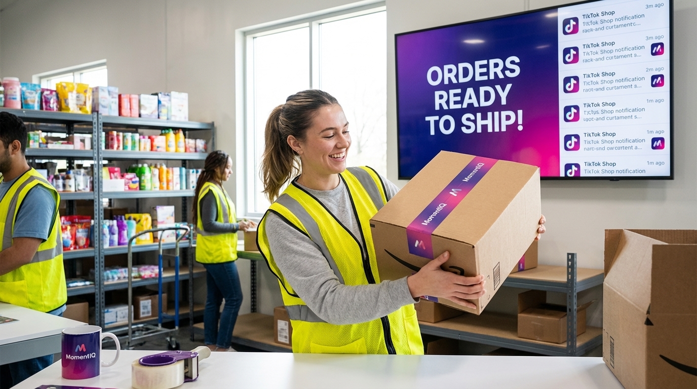 Proud warehouse worker holding a branded shipping box, surrounded by organized inventory, with TikTok Shop sales notification.