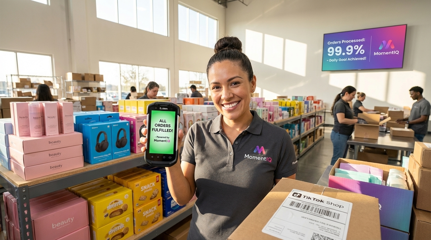 Aspirational view of a meticulously organized TikTok Shop warehouse with colorful inventory ready for shipment
