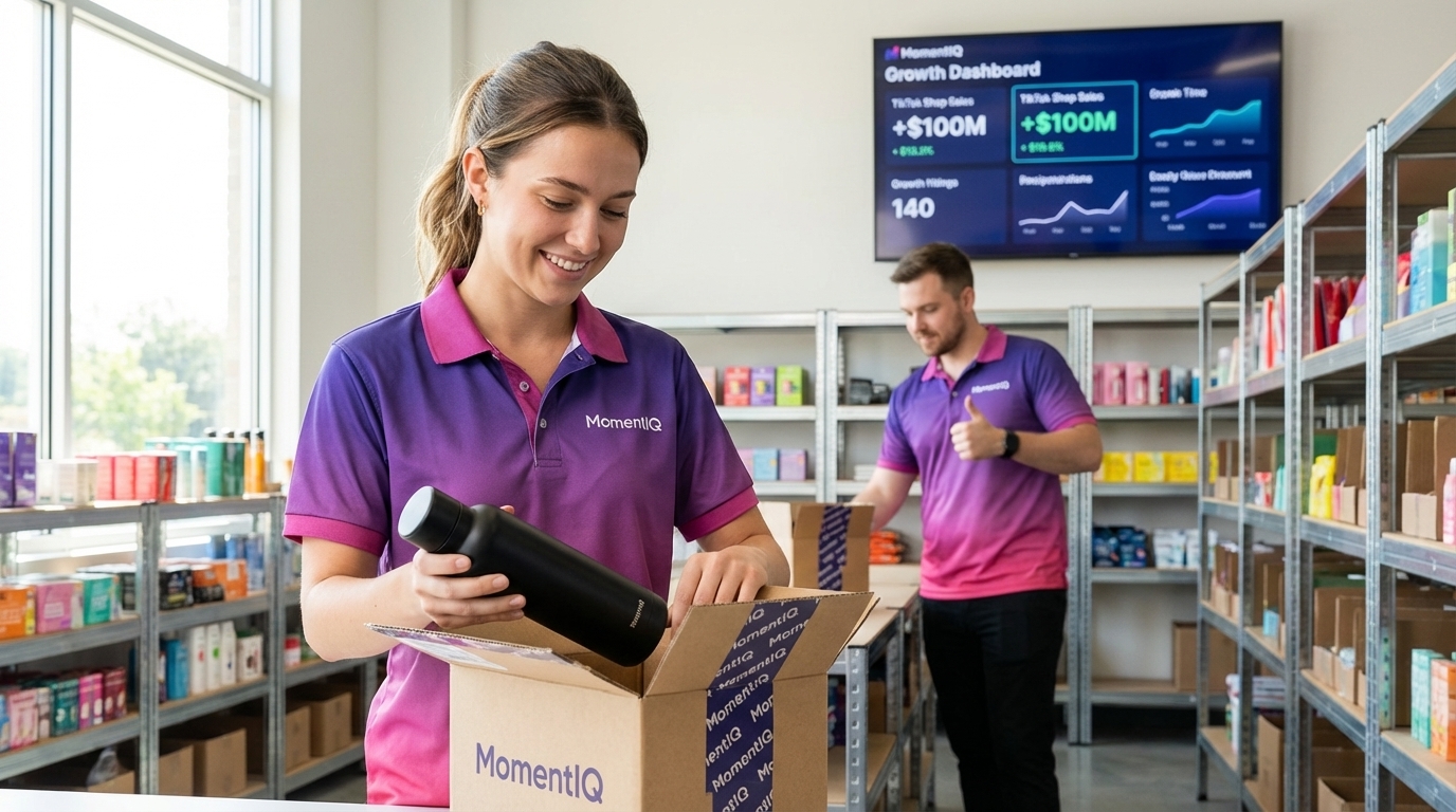 Cheerful warehouse team member efficiently packing a TikTok Shop order in an organized fulfillment center