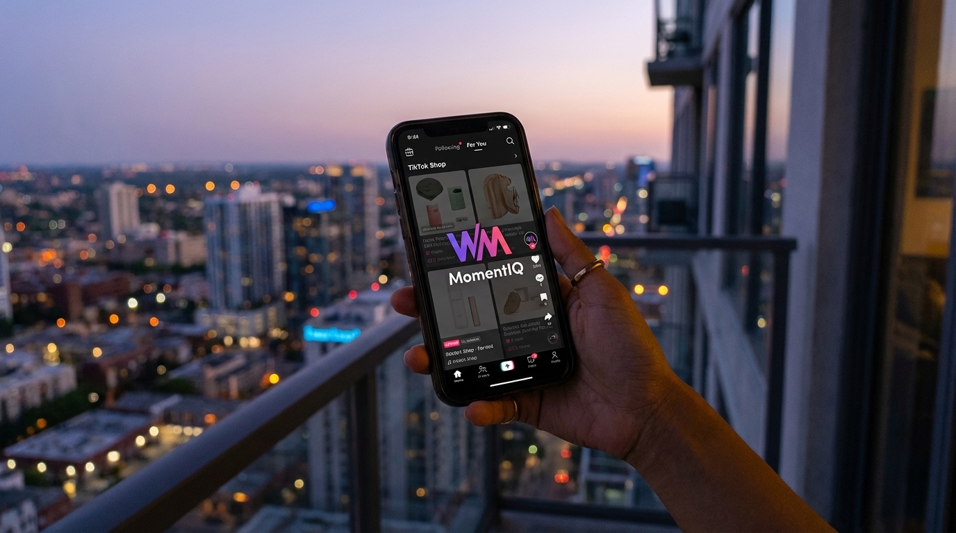 Cinematic shot of a city skyline at dusk with glowing phones showing a ubiquitous TikTok Shop brand presence