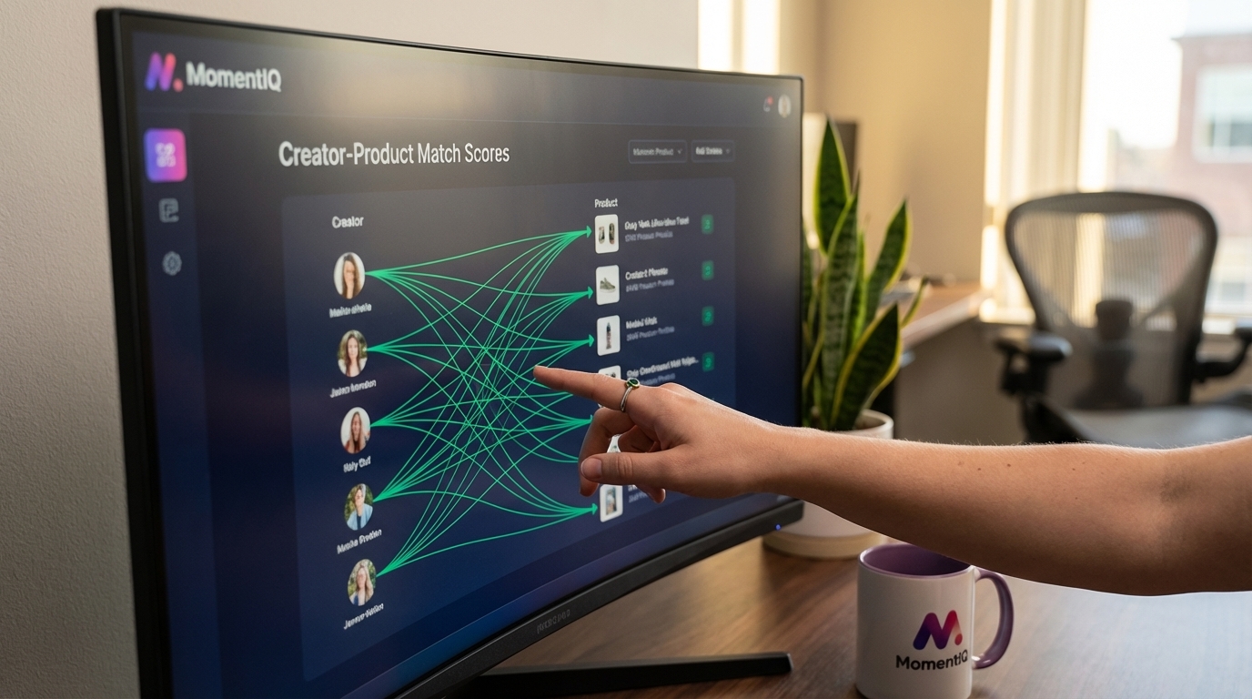 Close-up of MomentIQ's algorithmic creator matching dashboard showing high-precision product-creator matches