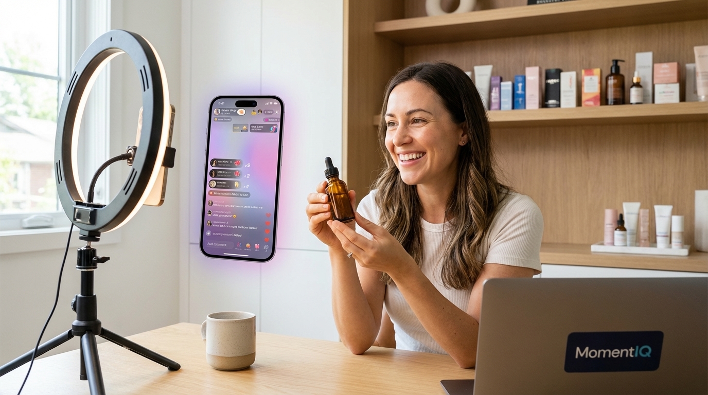 Confident brand founder presenting products on a TikTok Shop live stream, showing a thriving business model