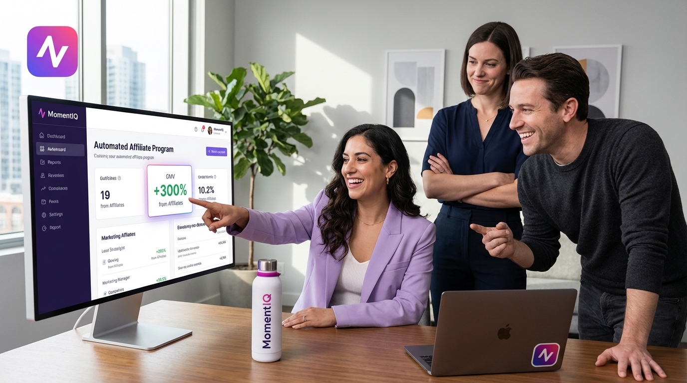 Confident marketing team reviewing MomentIQ's automated TikTok Shop affiliate program dashboard with high GMV