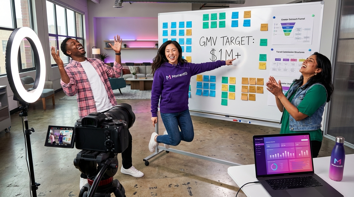 Dynamic team excitedly planning TikTok Shop affiliate network scaling strategy on a whiteboard