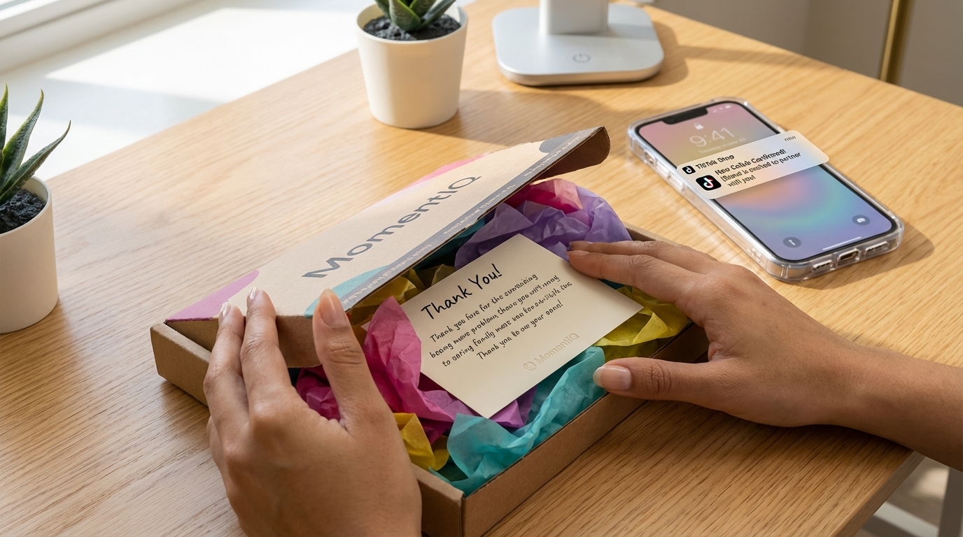 Excited creator opening a branded TikTok Shop product seeding package, symbolizing successful outreach