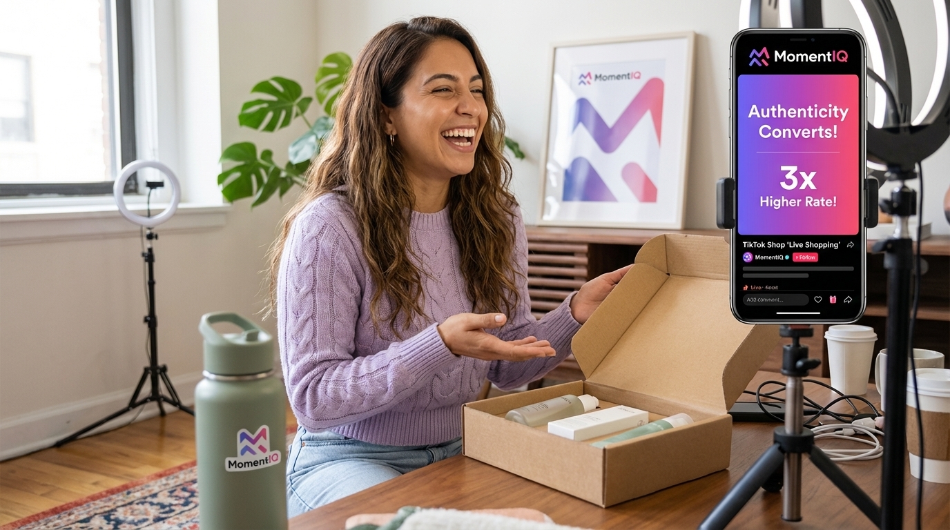 Joyful creator filming an authentic TikTok Shop unboxing video in a cozy home studio
