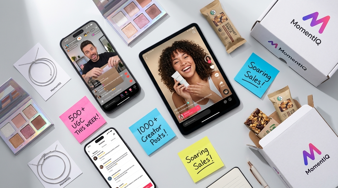 Vibrant flat lay of multiple phones showing high-volume TikTok Shop shoppable videos and UGC content