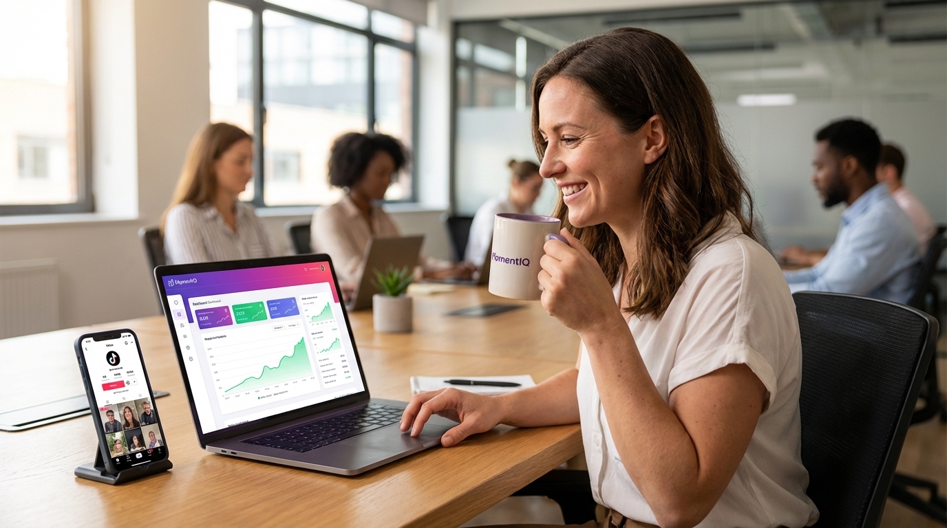 Brand manager confidently reviewing TikTok Shop creator analytics and engagement rates on a laptop.