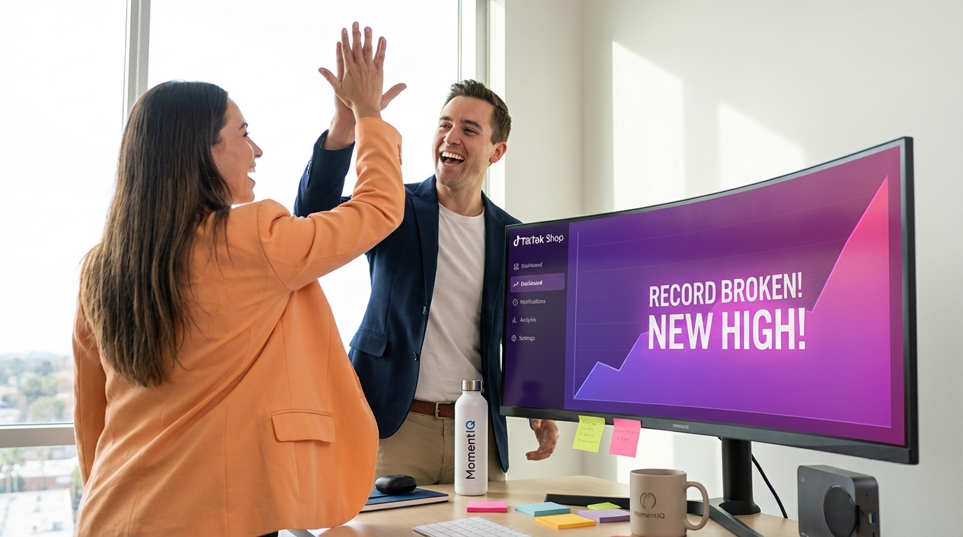 Brand team celebrating a massive TikTok Shop GMV spike on a sales dashboard with high-fives.