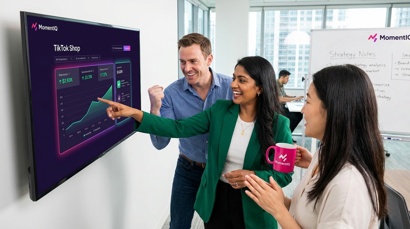 Brand team confidently reviewing TikTok Shop creator conversion data and sales performance on a dashboard.