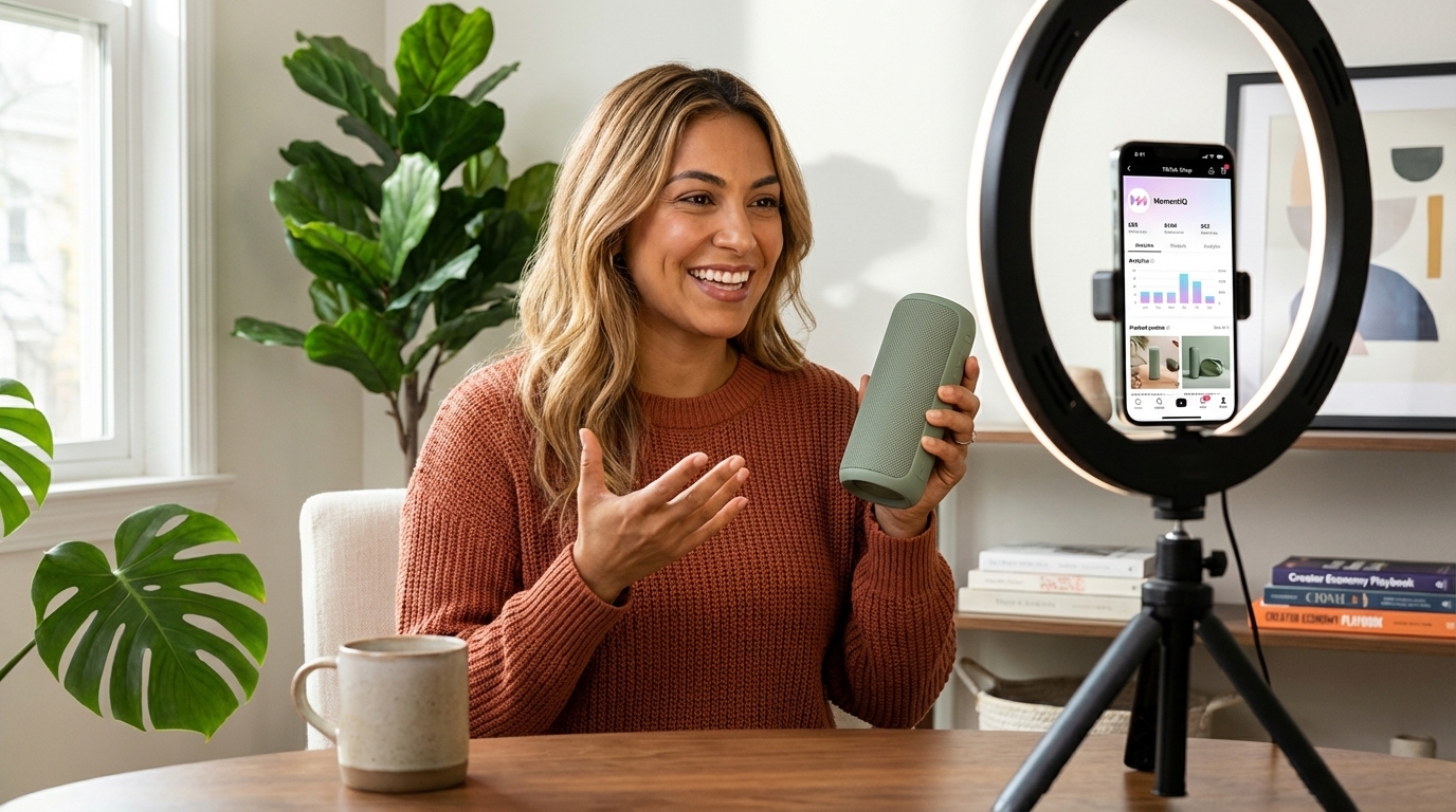 Charismatic creator filming an authentic, engaging TikTok Shop product review in their home studio.