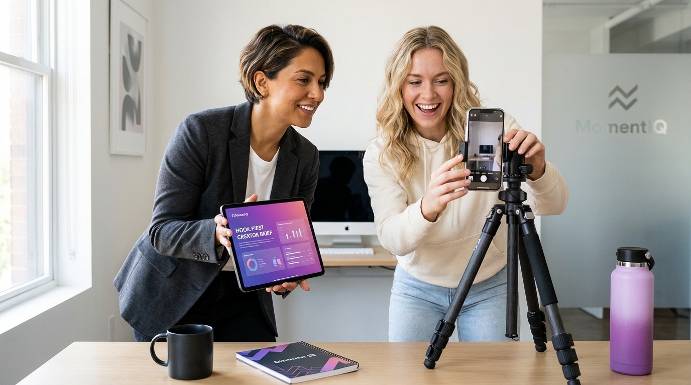 Creative director confidently reviewing a 'hook-first' TikTok Shop creator brief with a creator preparing to film.
