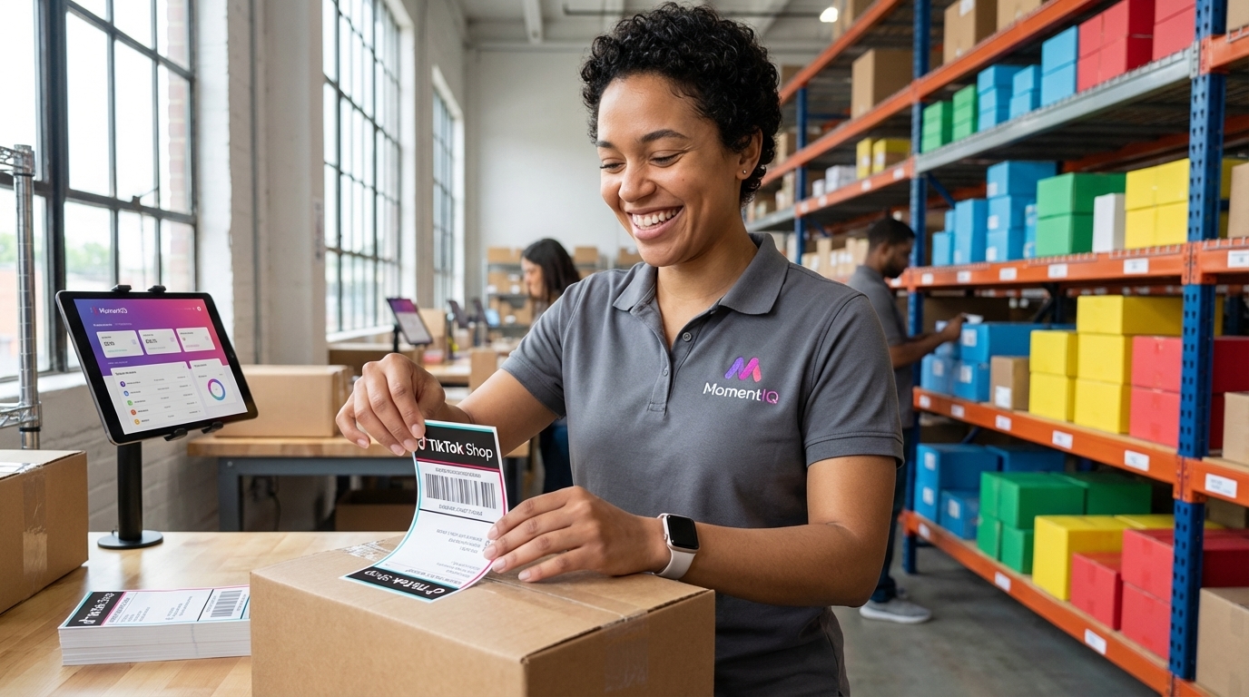 Happy fulfillment associate efficiently labeling TikTok Shop orders in a well-organized warehouse.