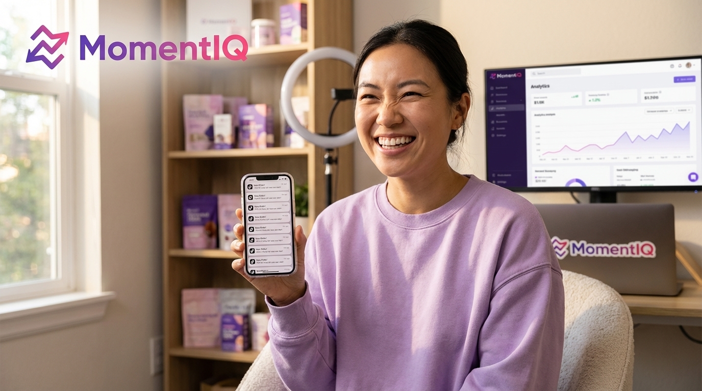 Joyful entrepreneur receiving TikTok Shop 'New Order!' notifications at her home creator studio.