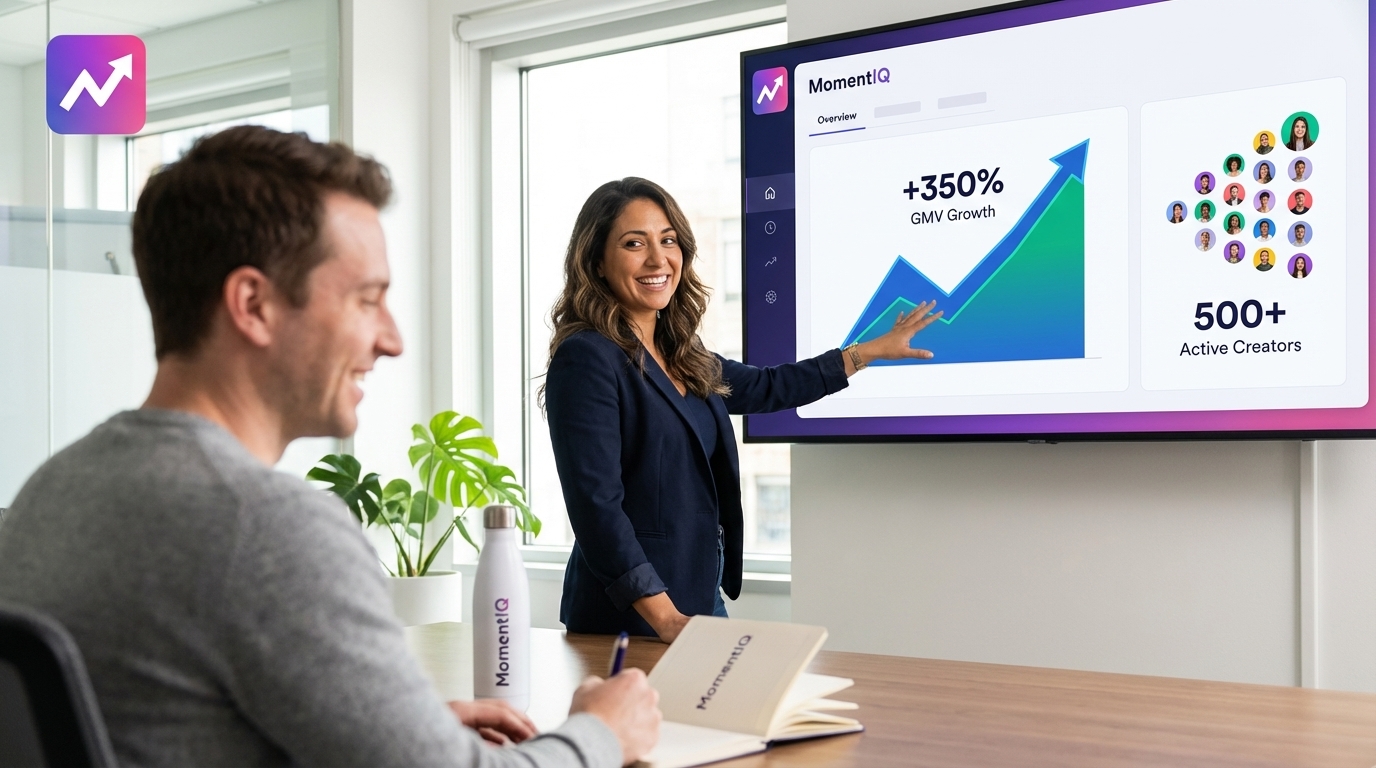 MomentIQ expert confidently presenting TikTok Shop growth forecasts and creator network expansion to a client.