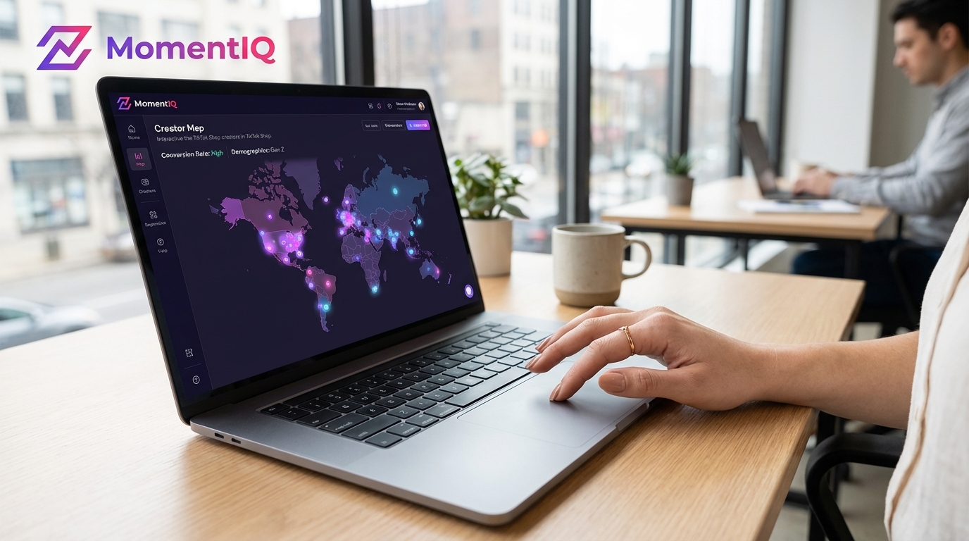 MomentIQ proprietary software interface showing a map of high-converting TikTok Shop creators with sales data.