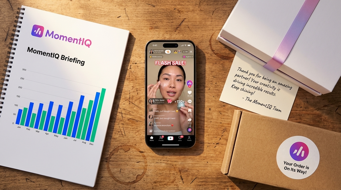 Overhead flat lay showing a successful TikTok Shop UGC ecosystem with products, phone, brief, and thank you note.