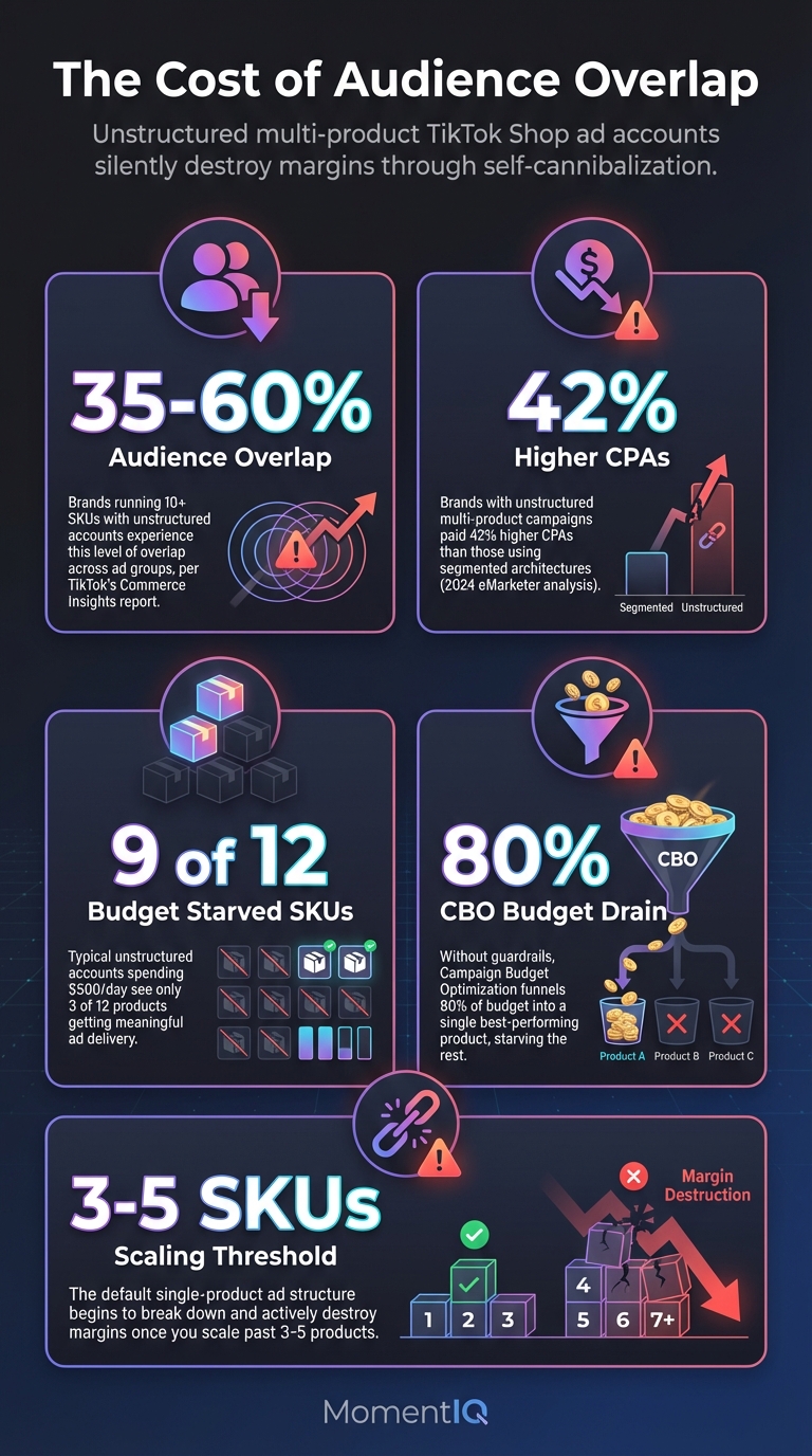 Infographic showing key statistics on TikTok Shop audience overlap costs including 35-60% overlap rate and 42% higher CPAs for unstructured multi-product ad accounts
