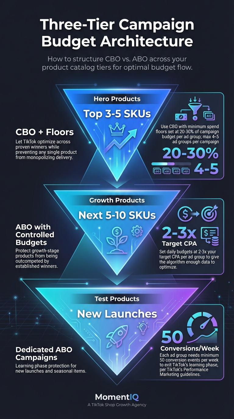 Pyramid infographic showing three-tier TikTok Shop campaign architecture with Hero Products using CBO at top, Growth Products using ABO in middle, and Test Products with learning phase protection at base