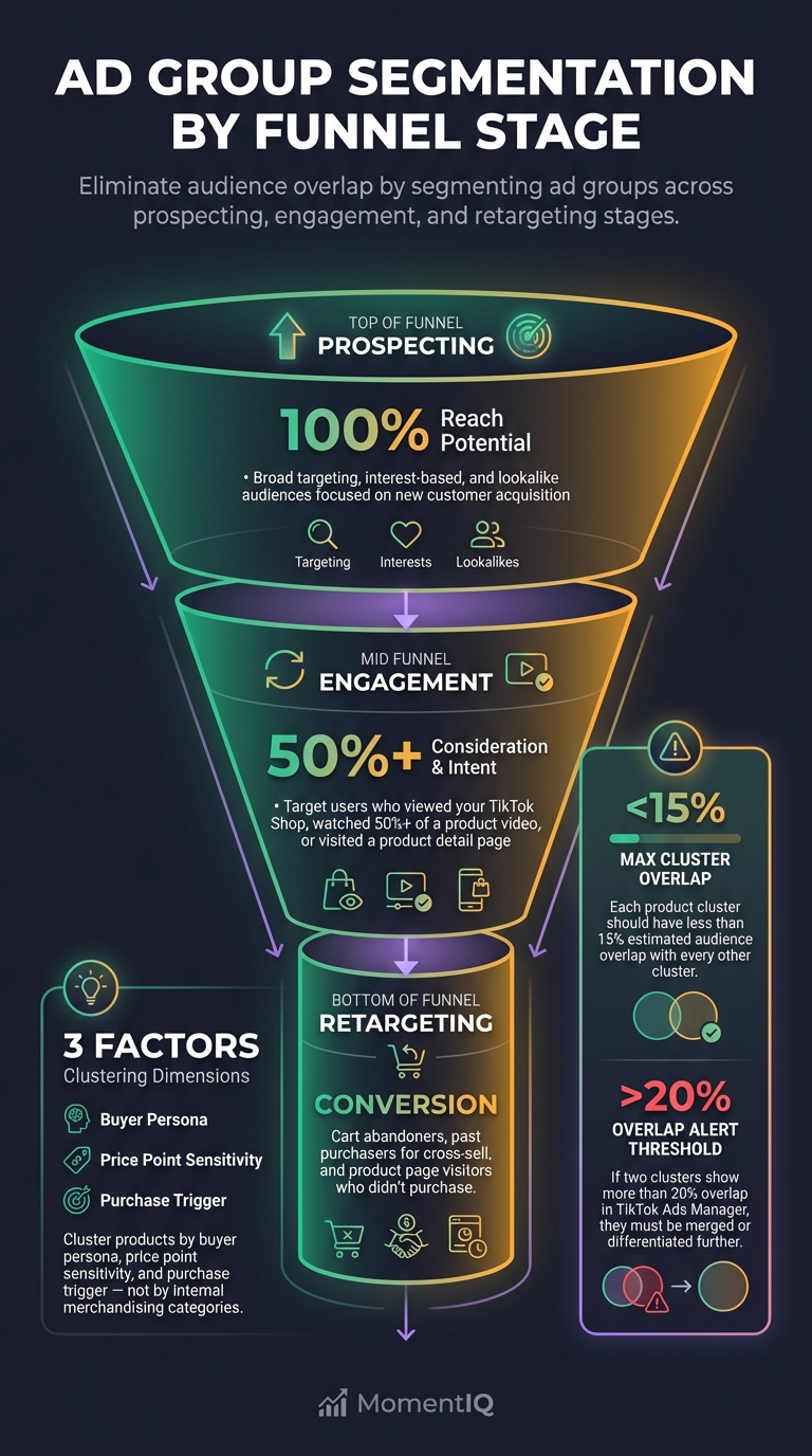 Funnel infographic showing TikTok Shop ad group segmentation across prospecting, engagement, and retargeting stages with 15% maximum audience overlap threshold between product clusters