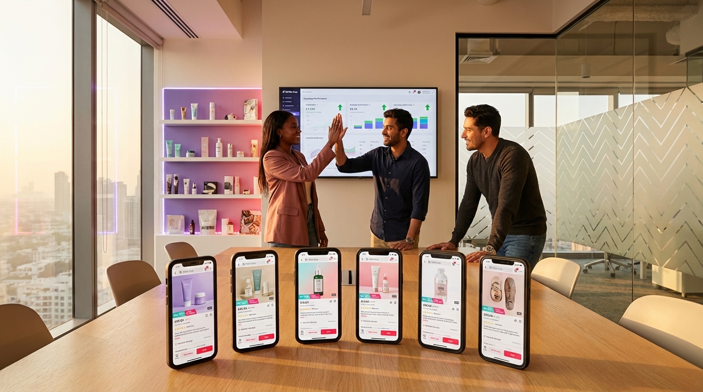 Aspirational TikTok Shop brand headquarters with multi-product campaign success displayed on screens