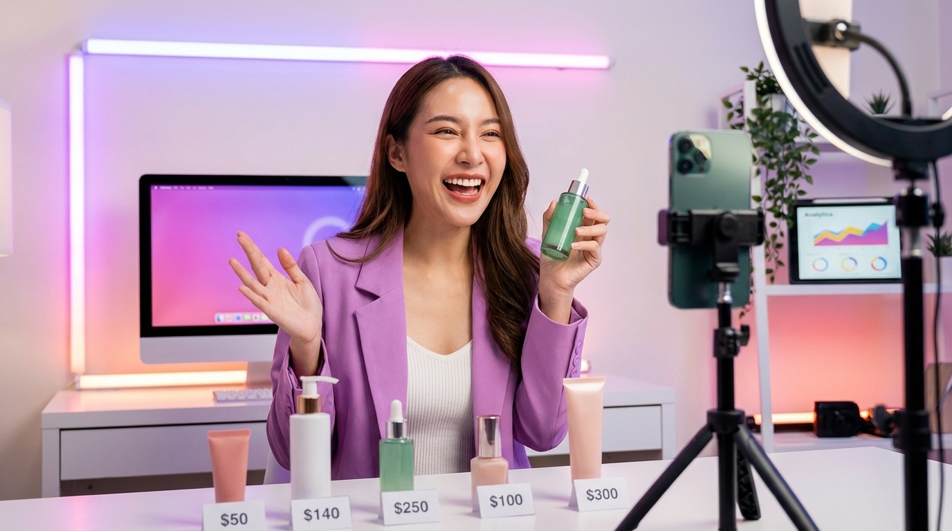 Beauty creator filming TikTok Shop content featuring multiple products from same brand with shop tags
