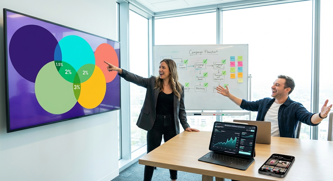 Brand strategy team confidently reviewing TikTok Shop ad account audience segmentation on a large dashboard screen