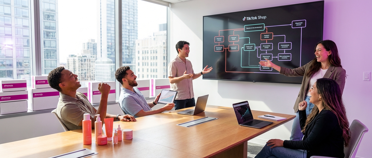 Brand team planning TikTok Shop multi-product campaign architecture with organized product clusters and strategy dashboard