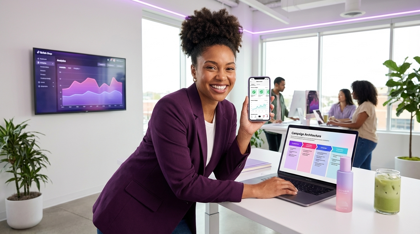 Confident brand founder reviewing TikTok Shop Seller Center with all products performing well