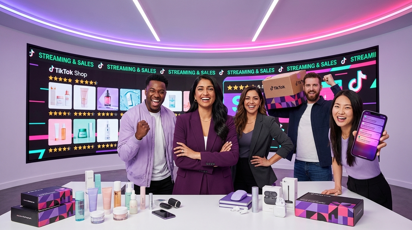 Confident TikTok Shop brand team posing in front of their organized multi-product storefront display