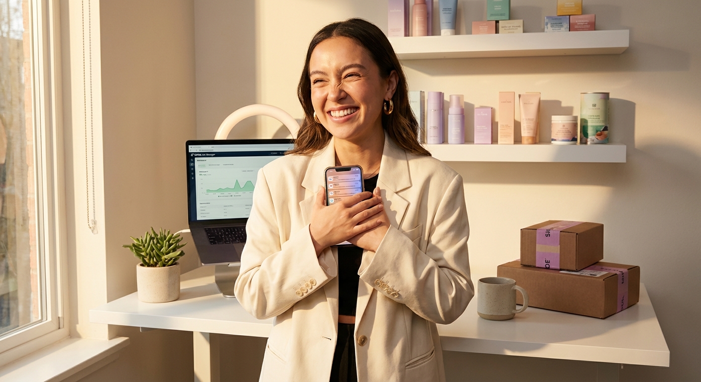 Excited TikTok Shop seller celebrating consistent multi-product sales with phone showing GMV growth notifications